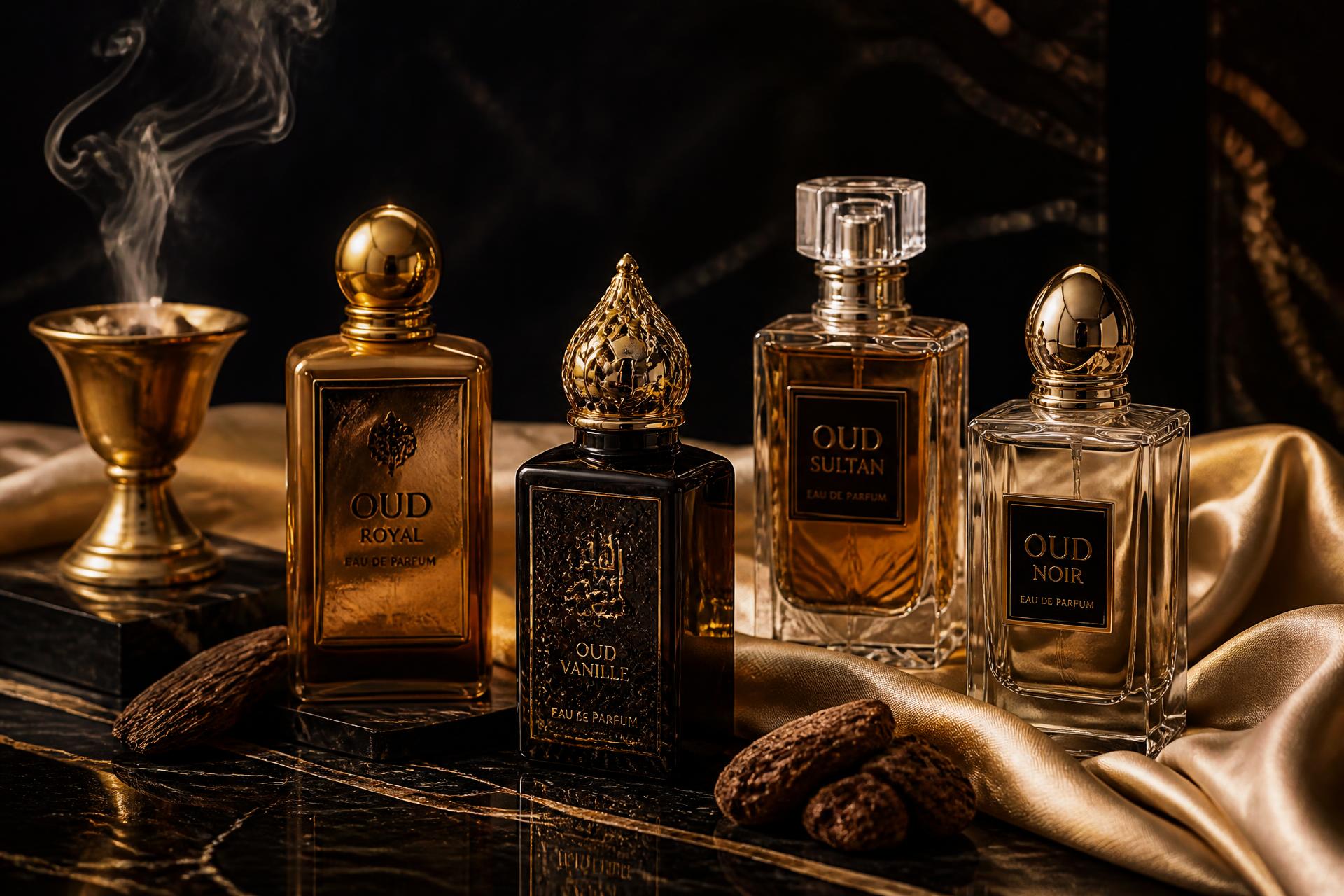Luxury fragrance bottles on a dark marble surface